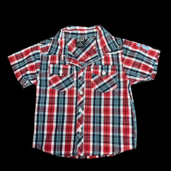 👣 5/$25 - Red/Blue Plaid Short Sleeve Button Up Shirt - Picture 1 of 2